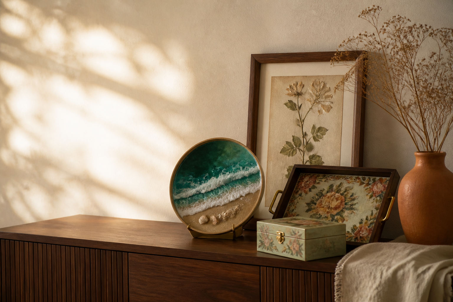 Handmade resin and decoupage décor styled in a warm home