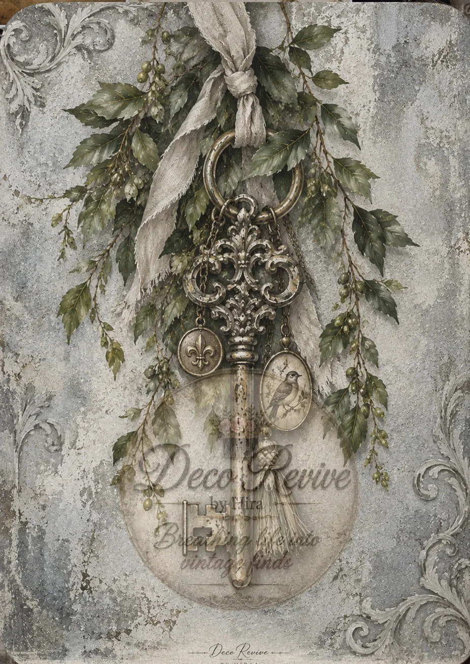 Vintage key and leaves Rice paper